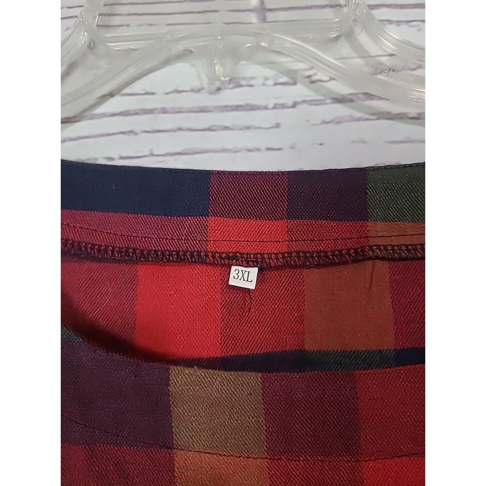 SHEIN Red Navy Blue Plaid Pocket Roll Tab Sleeve Shift Dress Womans Size 3XL - Picture 3 of 6